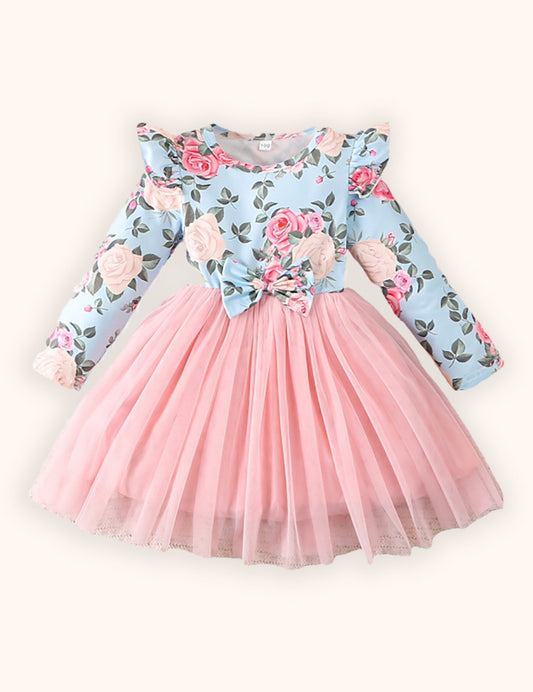 Printed Long Sleeve Bow Dress