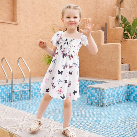 Mom&Me Butterfly Print Bubble Sleeve Flowing Dress