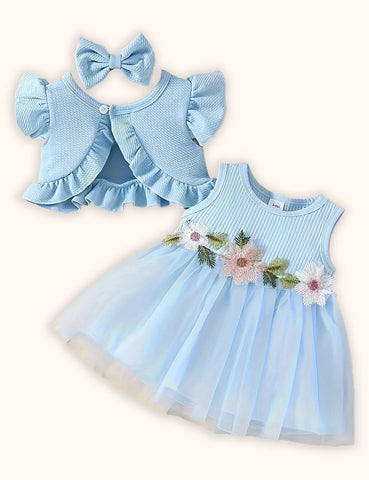 Flower Embroidered Tulle Dress + Knitted Coat Set