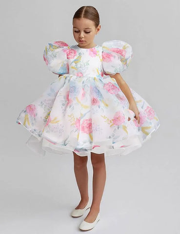 Bubble Sleeve Floral Tulle Party Dress