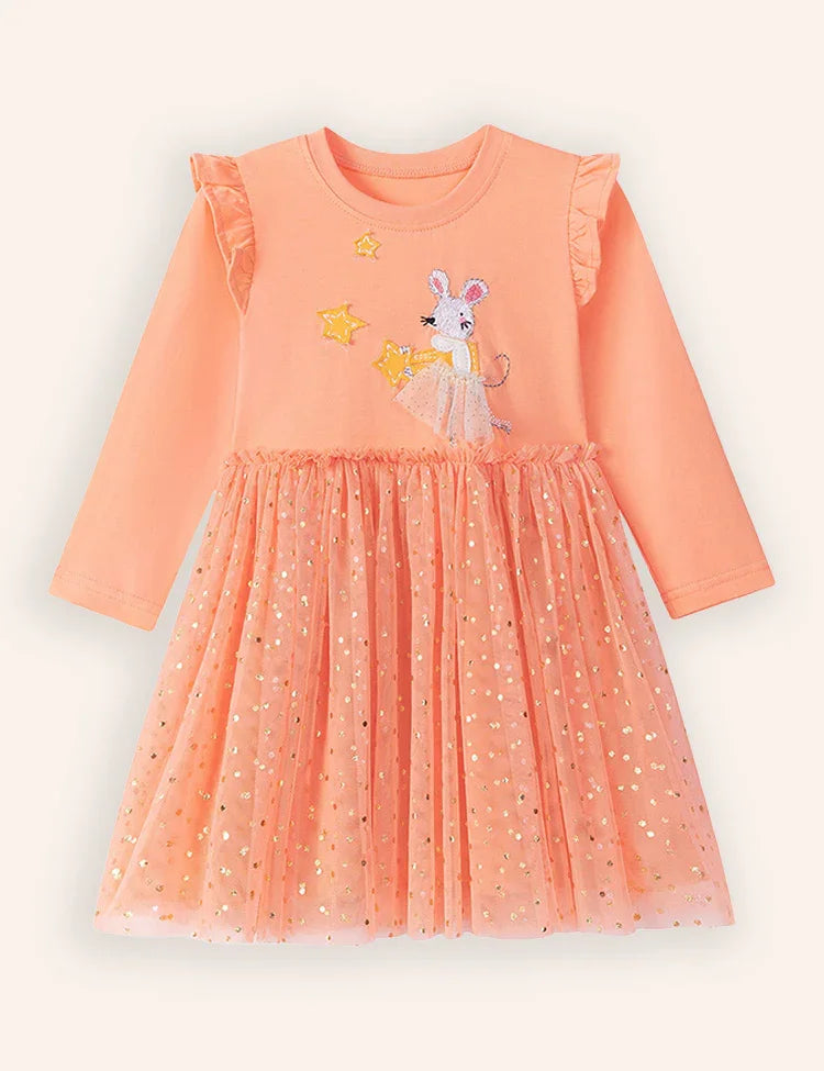 Mouse Applique Tulle Long Sleeve Dress