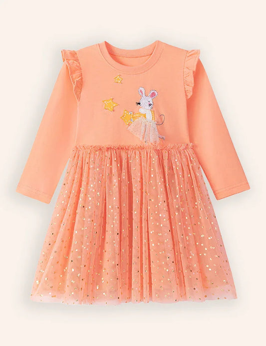 Mouse Applique Tulle Long Sleeve Dress