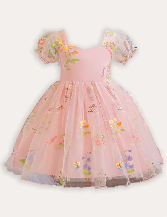 Robe de soirée en tulle brodée de fleurs à manches bulles