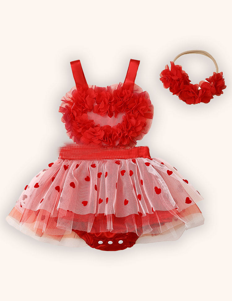 Valentine's Day 3D Flower Flocking Love Gauze Skirt Headdress Two-piece Set
