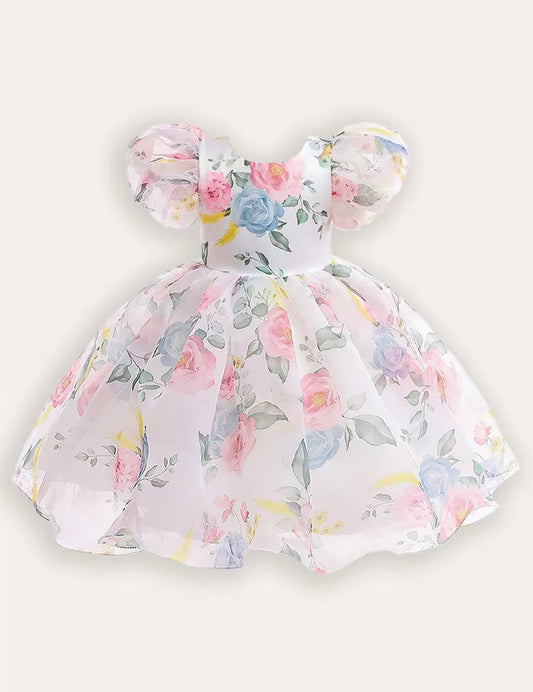 Robe de soirée en tulle fleuri à manches bulles