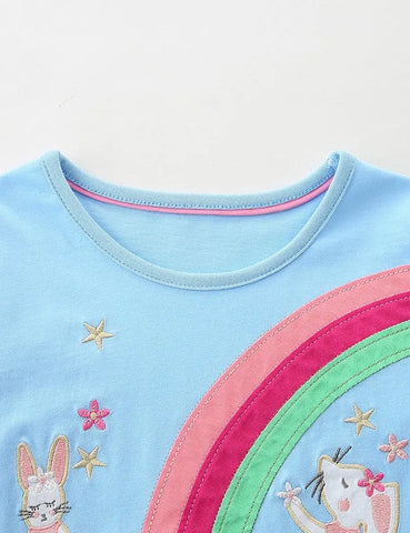 Rainbow Animal Embroidered Long-sleeved Tulle Dress