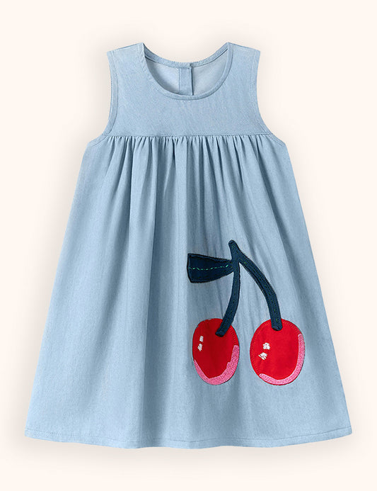 Cute Cherry Embroidered Denim Dress