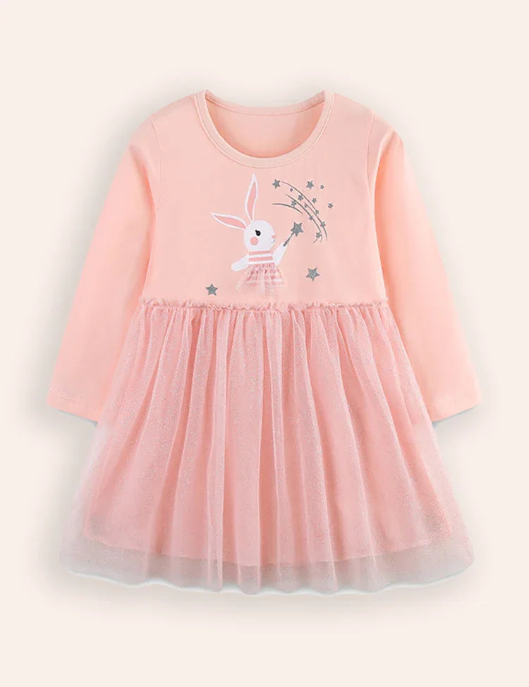 Bunny Printed Long Sleeves Tulle Dress