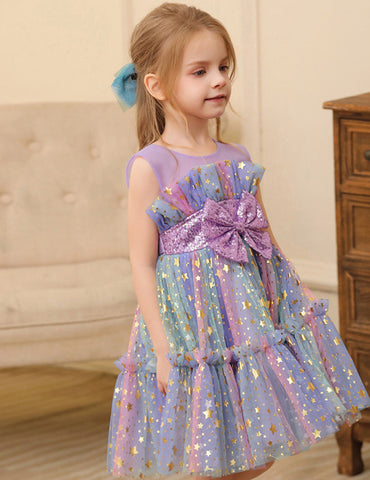 Color Sequined Star Tulle Puffy Dress Dress