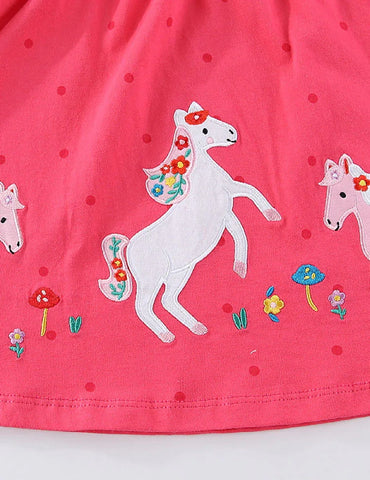 Cute Pony Embroidered Long-sleeved Dress
