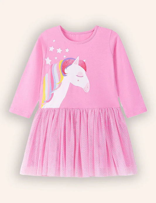 Unicorn Print Tulle Long Sleeve Dress