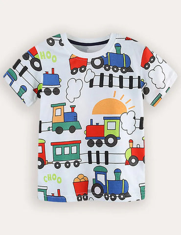 T-shirt a maniche corte con stampa di treni carini