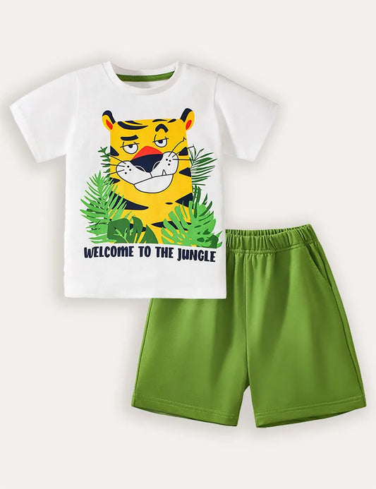 Tiger-Dschungel Bedrucktes Kurzarm-T-Shirt- und Shorts-Set