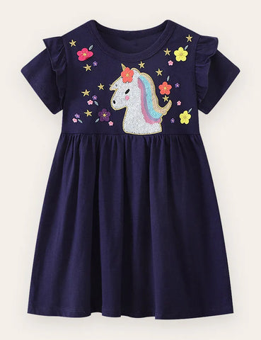 Baumwollkleid mit Blumen- und Einhornstickerei