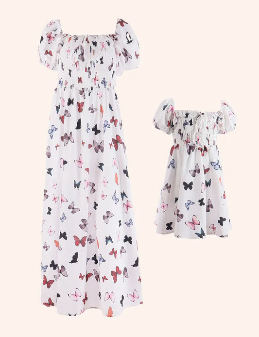 Mom&Me Butterfly Print Bubble Sleeve Flowing Dress