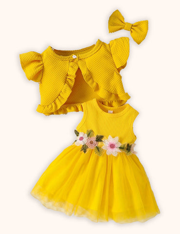 Flower Embroidered Tulle Dress + Knitted Coat Set