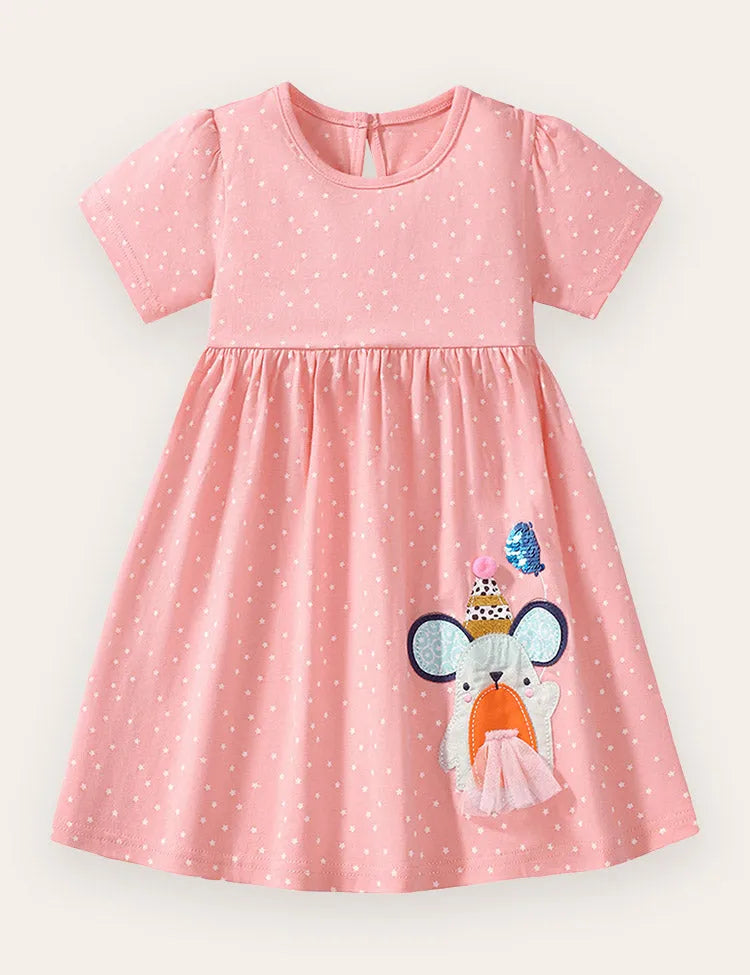 Süßes Baumwollkleid mit Maus-Applikation und Pünktchen