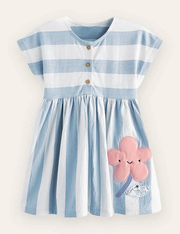 Gestreiftes Baumwollkleid mit Blumen-Applikation