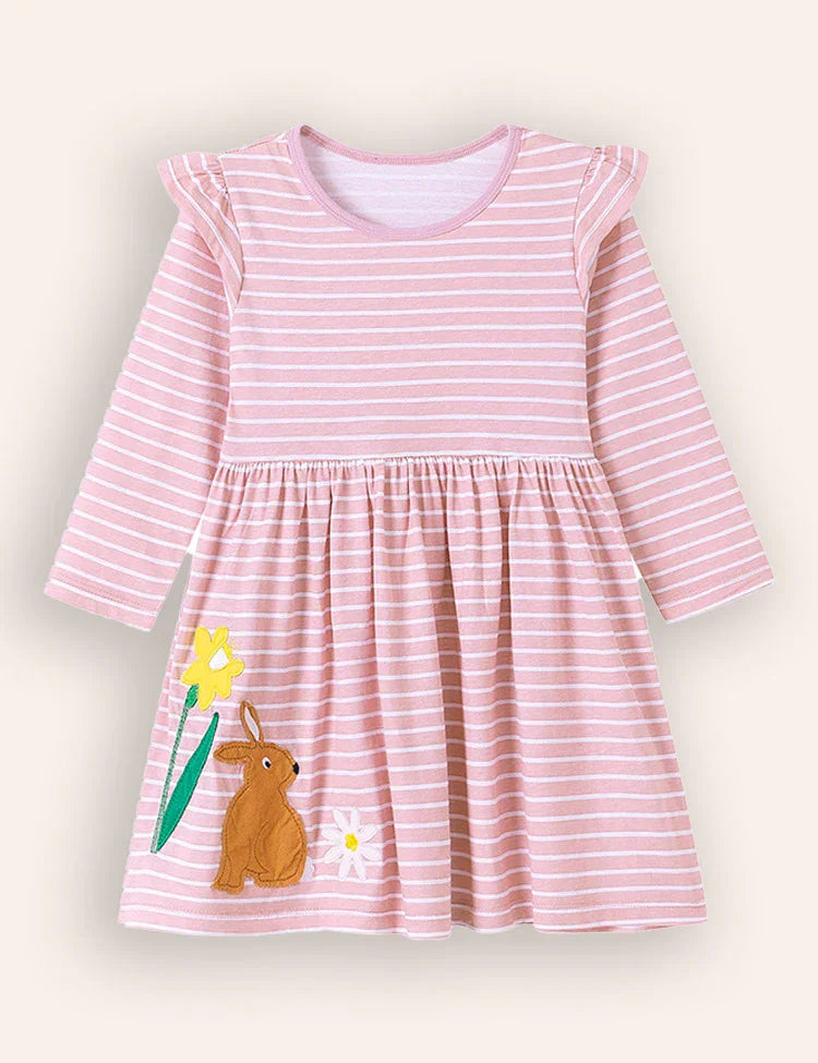 Cure Bunny Appliqué Long Sleeves Cotton Dress