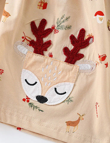 Christmas Little Deer Applique Long Sleeve Dress