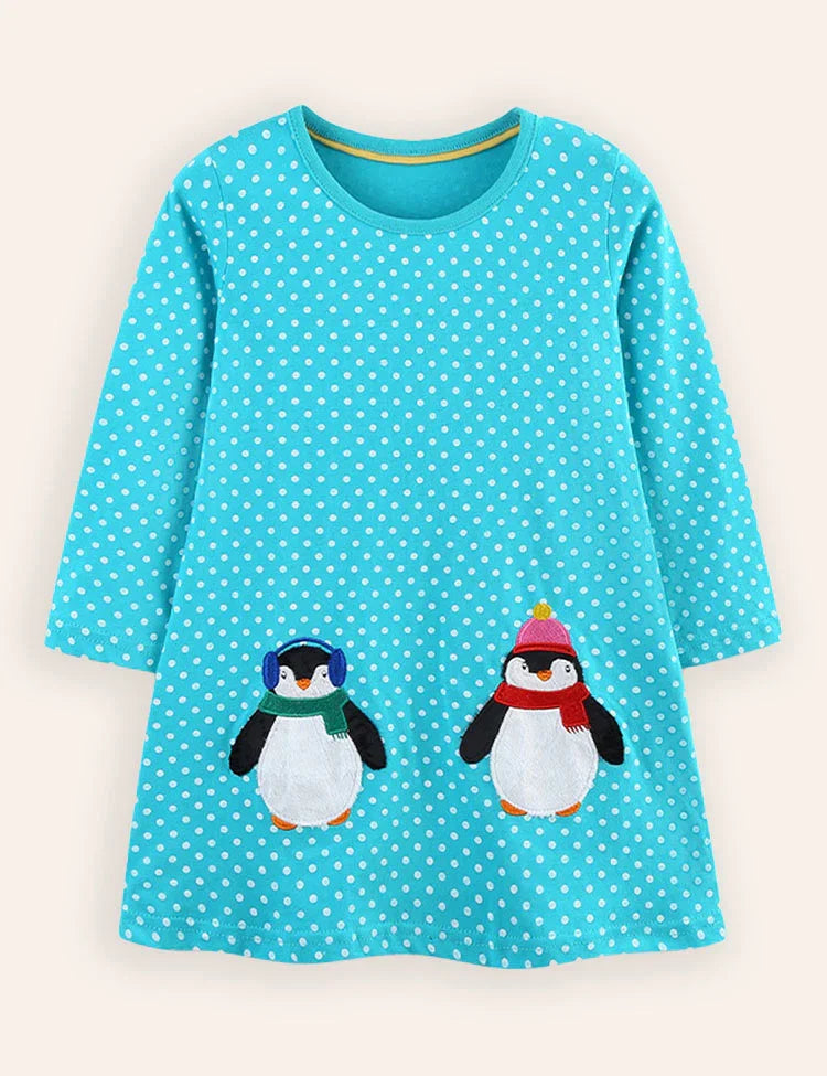 Cute Penguin Applique Long-sleeved Dress