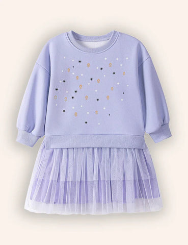 Fleece Star Print Long Sleeve Tulle Dress
