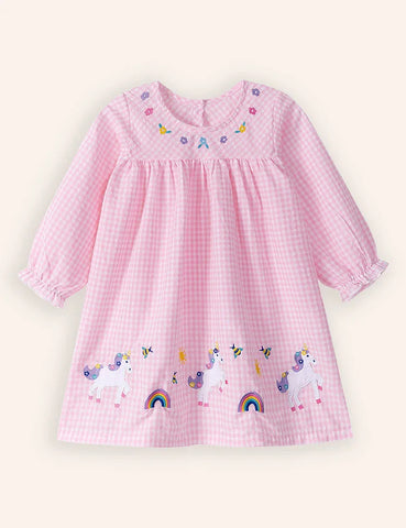 Rainbow Unicorn Applique Long Sleeves Dress