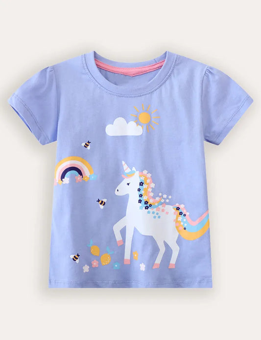 T-shirt a maniche corte con stampa unicorno arcobaleno