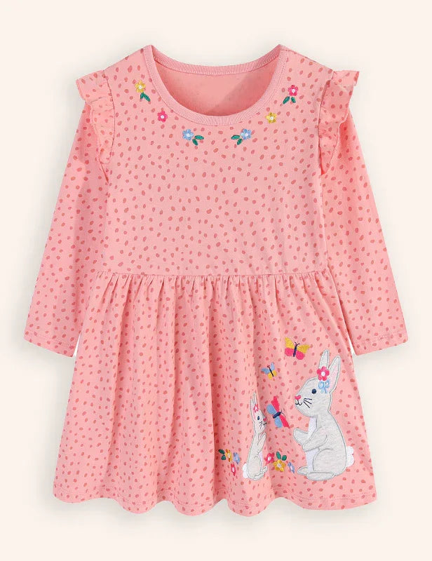 Rabbit Butterfly Embroidered Long Sleeve Dress