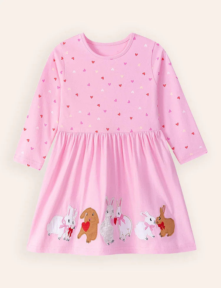 Cute Bunny Applique Long Sleeve Dress