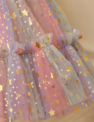 Color Sequined Star Tulle Puffy Dress Dress