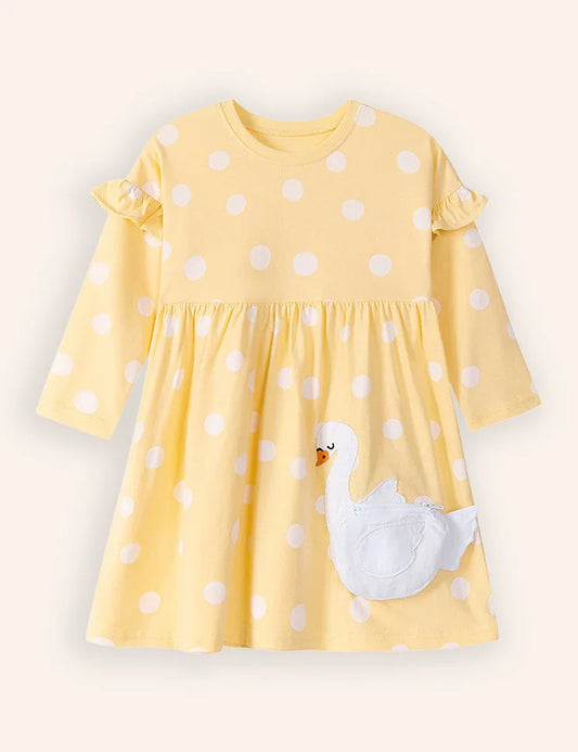 Swan Appliue Bag Long Sleeve Dress