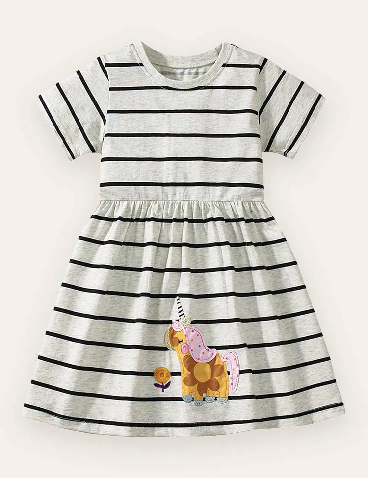 Striped Unicorn Appliqué Cotton Dress