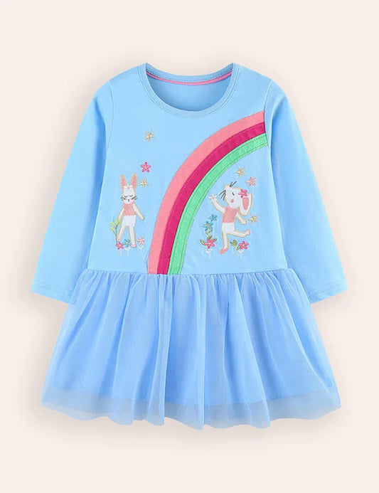 Rainbow Animal Embroidered Long-sleeved Tulle Dress