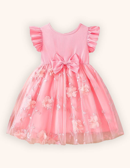 Flower Embroidered Tulle Bow Dress