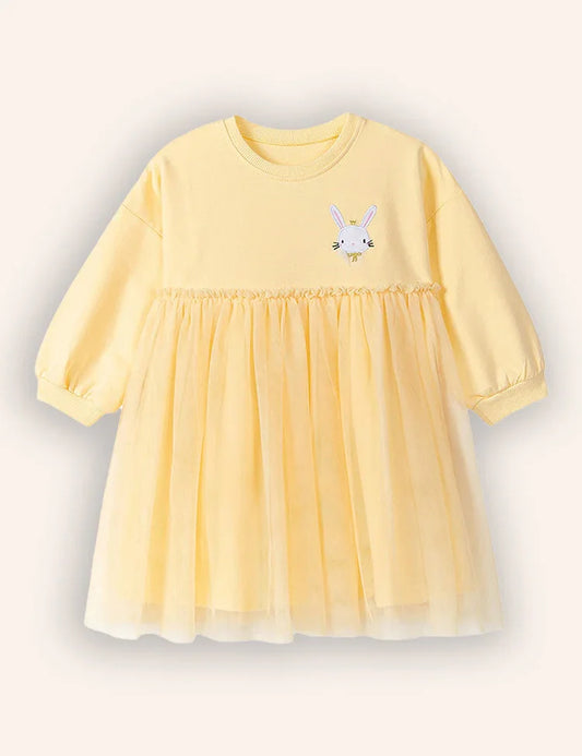 Cute Bunny Appliqué Long Sleeves Tulle Dress