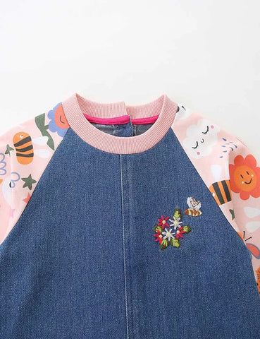Denim Embroidered Long-sleeved Dress