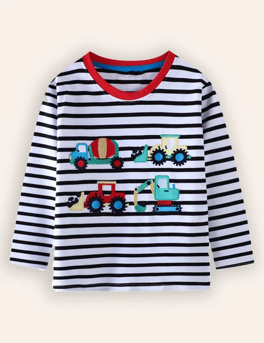 Construction Car Applique Striped Long Sleeve T-Shirt