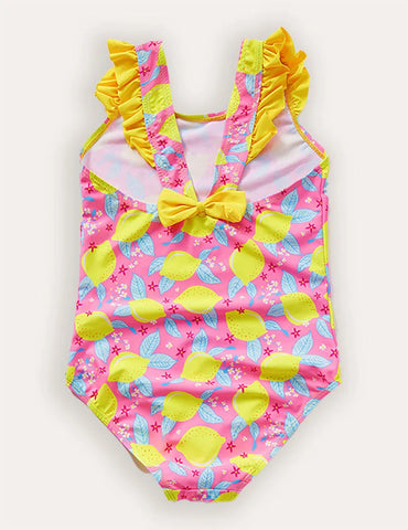 Lemon Print Ruffled Bow One-piece Swimsuit
