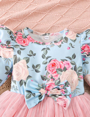 Printed Long Sleeve Bow Dress