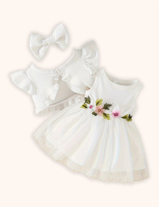 Flower Embroidered Tulle Dress + Knitted Coat Set