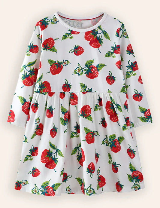 Strawberry Print Long-sleeved Dress