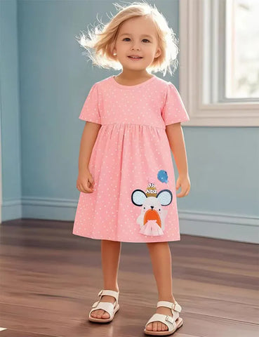 Süßes Baumwollkleid mit Maus-Applikation und Pünktchen