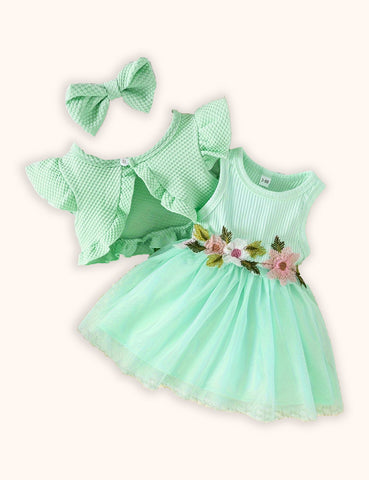 Flower Embroidered Tulle Dress + Knitted Coat Set