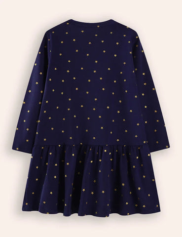 Star Unicorn Applique Long Sleeve Dress