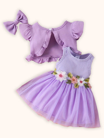 Flower Embroidered Tulle Dress + Knitted Coat Set