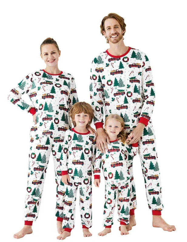 Christmas Family Matching Allover Xmas Tree & Car Print Long-sleeve Pajamas Sets