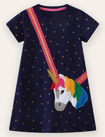 Süßes Mit Einhorn Besticktes Baumwollkleid
