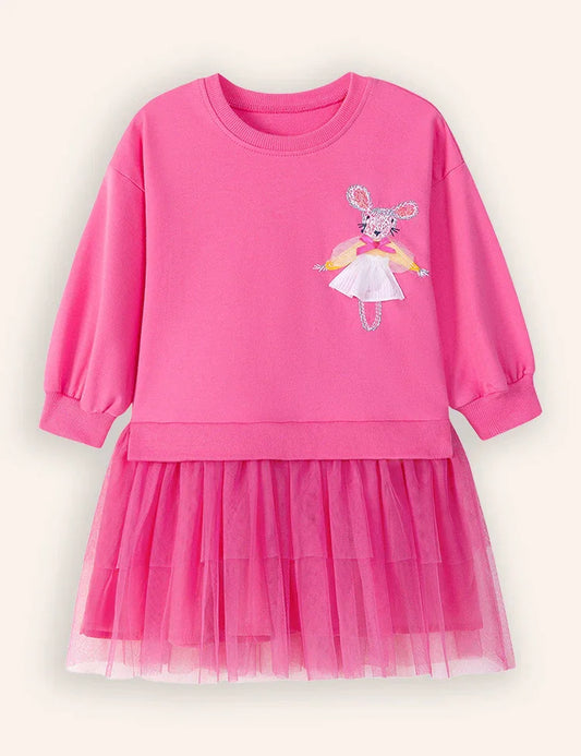 Cute Mouse Applique Long Sleeve Tulle Dress