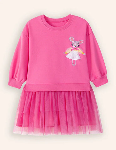 Cute Mouse Applique Long Sleeve Tulle Dress